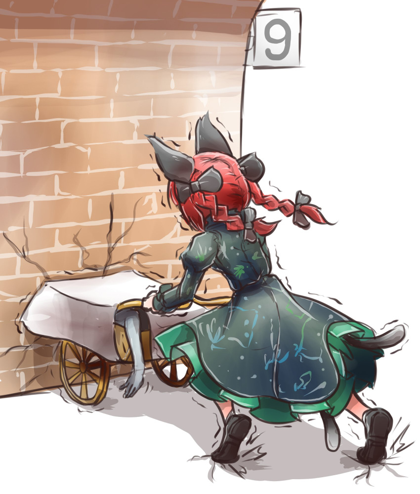 1girl animal_ears black_bow bow braid brick_wall cat_ears cracked_wall dress from_behind green_dress hair_bow harry_potter highres juliet_sleeves kaenbyou_rin long_hair long_sleeves multiple_tails peroponesosu. puffy_sleeves pushing redhead solo tail touhou trembling twin_braids wheelbarrow