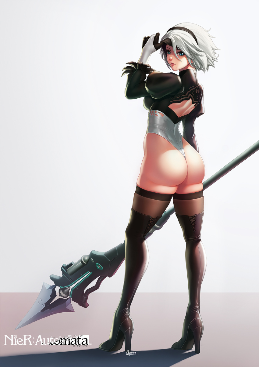 1girl ass back_cutout blindfold_lift boots feather-trimmed_sleeves from_behind high_heel_boots high_heels highres leotard looking_at_viewer looking_back mole mole_under_mouth newash nier_(series) nier_automata polearm silver_hair solo spear thigh-highs thigh_boots weapon yorha_no._2_type_b