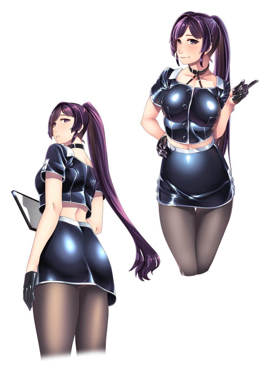 1girl absurdres blush breasts clipboard cropped_legs female_admiral_(kantai_collection) from_behind hand_on_hip hiememiko highres holding kantai_collection large_breasts latex long_hair looking_at_viewer looking_back original pantyhose parted_lips ponytail purple_hair shiny shiny_clothes simple_background very_long_hair white_background