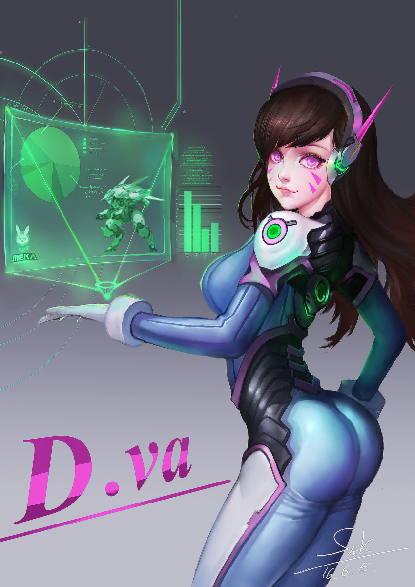 1girl 2016 absurdres bangs blue_bodysuit bodysuit bracer breasts brown_hair character_name closed_mouth cowboy_shot d.va_(overwatch) dated eyelashes facepaint facial_mark from_behind gloves glowing glowing_eyes gradient gradient_background hand_on_hip hand_up headphones high_collar highres holographic_interface legs_together lips lize_cai long_hair looking_at_viewer medium_breasts meka_(overwatch) overwatch pauldrons pilot_suit pink_eyes pink_lips ribbed_bodysuit shoulder_pads signature skin_tight smile solo turtleneck twisted_neck whisker_markings white_gloves