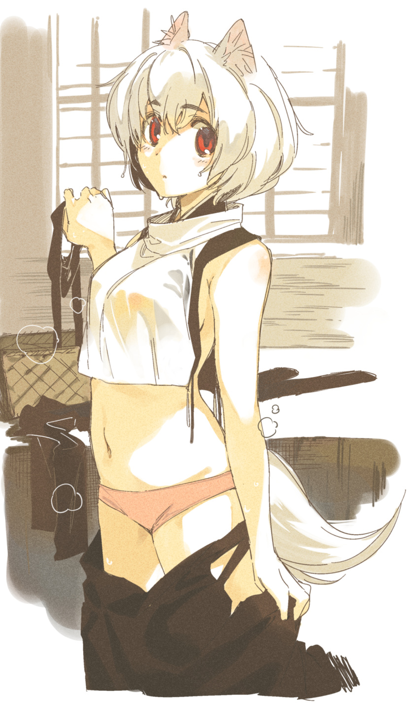 1girl :o animal_ears bangs bare_arms bare_shoulders black_skirt blush breasts cowboy_shot crop_top eyebrows eyebrows_visible_through_hair hand_up high_collar highres holding inubashiri_momiji looking_at_viewer medium_breasts midriff navel no_bra panties pants pants_down parted_lips pink_panties red_eyes see-through seu_(hutotomomo) short_hair sideboob sketch skirt sleeveless solo standing stomach tail touhou underwear undressing wet wet_clothes wet_hair white_hair wolf_ears wolf_tail