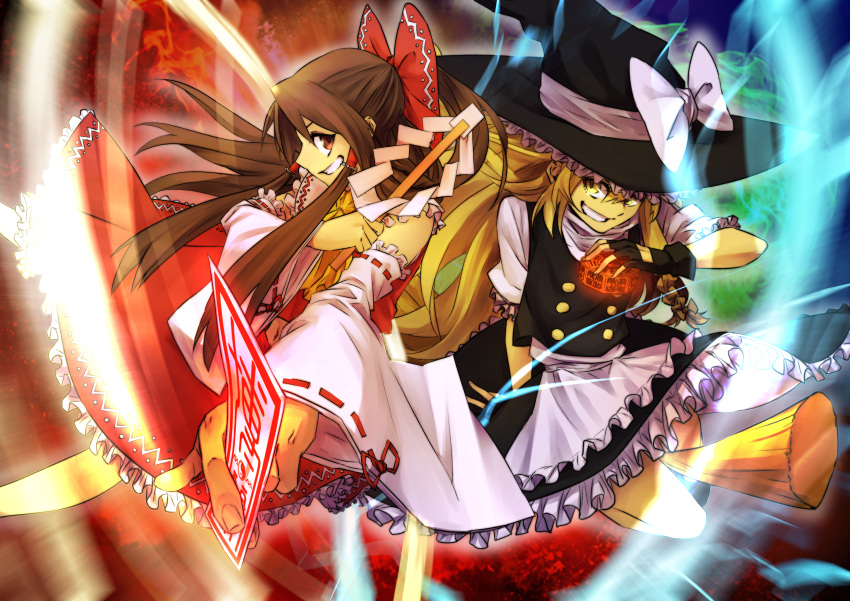 2girls absurdres apron bare_shoulders blonde_hair bow braid broom broom_riding brown_hair detached_sleeves fingerless_gloves flying foreshortening ganagoa gloves gohei grin hair_bow hair_tubes hakurei_reimu hat hat_bow highres kirisame_marisa long_hair looking_at_another mini-hakkero multiple_girls nontraditional_miko ofuda red_eyes side-by-side side_braid smile touhou vest wide_sleeves witch_hat yellow_eyes