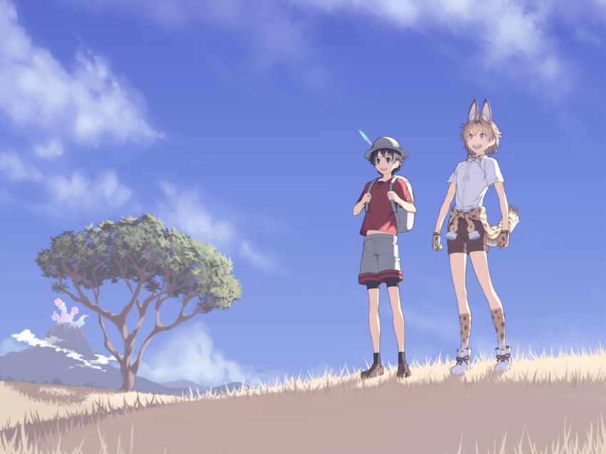 2boys animal_ears backpack bag black_hair blonde_hair blue_sky bow bowtie bucket_hat clouds fatherlobin full_body genderswap genderswap_(ftm) grass hat kaban_(kemono_friends) kemono_friends legwear_under_shorts male_focus multiple_boys serval_(kemono_friends) serval_ears serval_print serval_tail shoes shorts sky sneakers standing tail tree