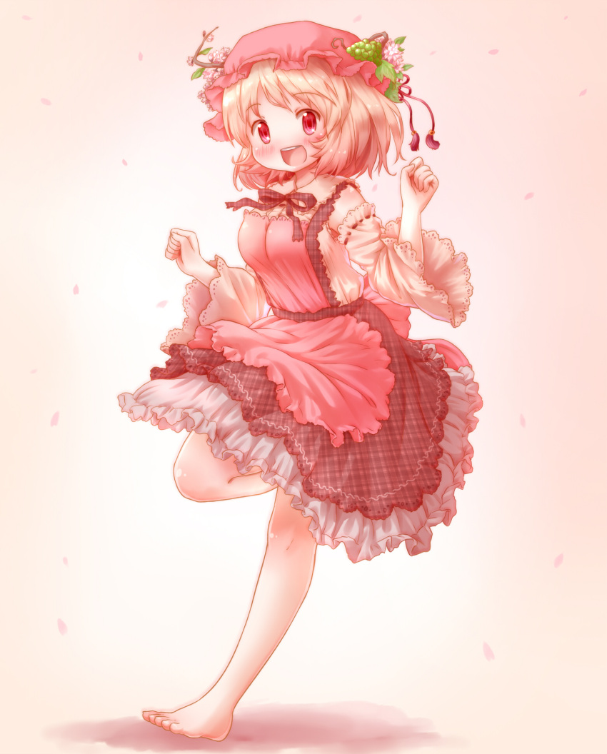 1girl :d aki_minoriko apron arinu barefoot blonde_hair blush cherry_blossoms commentary_request detached_sleeves folded_leg food fruit full_body gradient gradient_background grapes hair_ornament hand_up hat highres layered_skirt looking_at_viewer mob_cap open_mouth pink_background red_eyes short_hair simple_background skirt smile solo standing standing_on_one_leg touhou