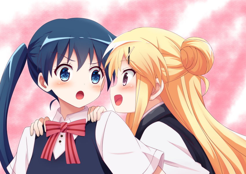 2girls bassa blonde_hair blue_eyes blue_hair blue_vest blush bow bowtie commentary eyebrows_visible_through_hair hair_bun hair_ornament hands_on_another's_shoulders highres kin-iro_mosaic komichi_aya kujou_karen long_hair looking_at_another multiple_girls open_mouth pink_background red_bow red_bowtie school_uniform short_sleeves smile sweater_vest twintails vest violet_eyes x_hair_ornament