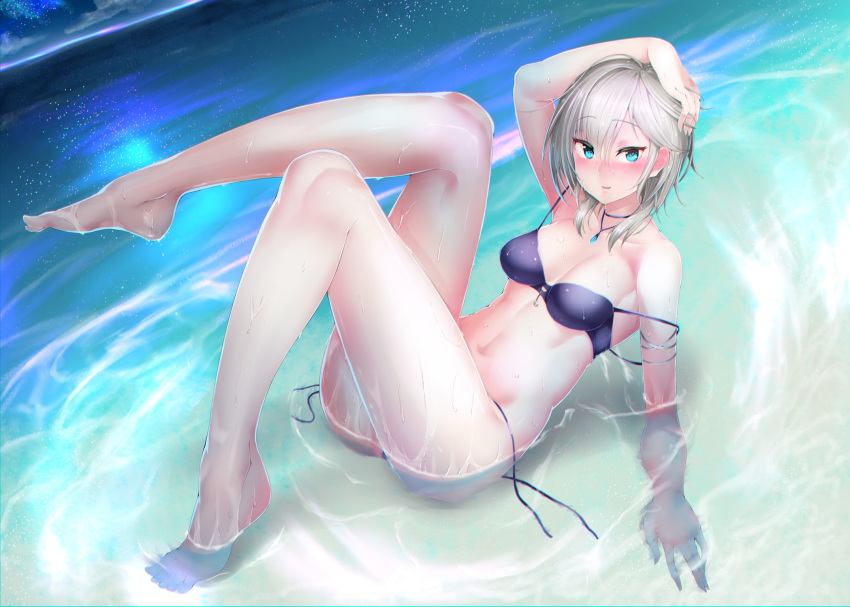 1girl anastasia_(idolmaster) arm_support barefoot beach bikini blue_eyes blush collarbone highres idolmaster idolmaster_cinderella_girls leg_up navel night night_sky ocean reflection short_hair side-tie_bikini silver_hair sky smile solo star_(sky) starry_sky swimsuit tanukicho_ask untied untied_bikini water wet