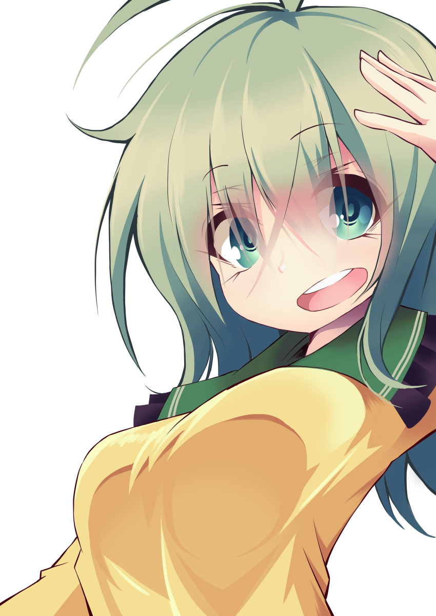 1girl :d absurdres ahoge blouse blue_eyes blush breasts green_hair hand_on_head highres komeiji_koishi looking_at_viewer medium_breasts medium_hair no_hat no_headwear open_mouth round_teeth sakakiba_misogi smile teeth touhou