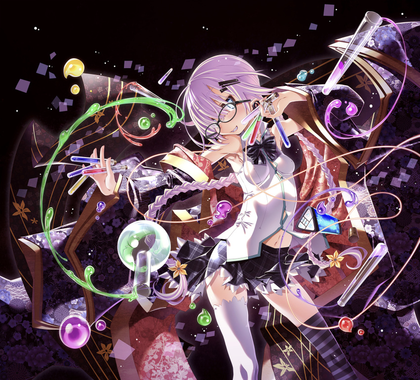 1girl bare_shoulders blue_eyes digital_media_player earphones glasses hair_ornament hair_over_one_eye hairclip highres holding long_hair mismatched_legwear navel original pink_hair sakuya_tsuitachi solo test_tube thigh-highs