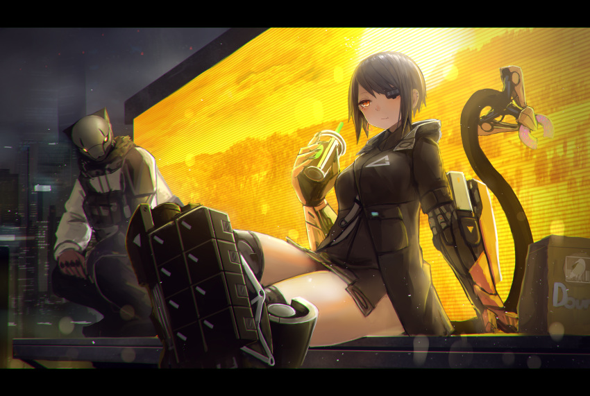 1boy 1girl bangs black_hair city cyberpunk doughnut eating eyepatch food helmet highres kasagarasu legs_crossed mechanical_arm mechanical_tail original prosthesis science_fiction short_hair swept_bangs tail yellow_eyes