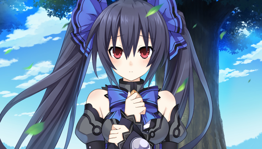 1girl bare_shoulders black_hair blush breasts chou_megami_shinkou_noire_gekishin_black_heart game_cg hair_ribbon highres long_hair looking_at_viewer medium_breasts neptune_(series) noire official_art open_mouth red_eyes ribbon solo tsunako twintails