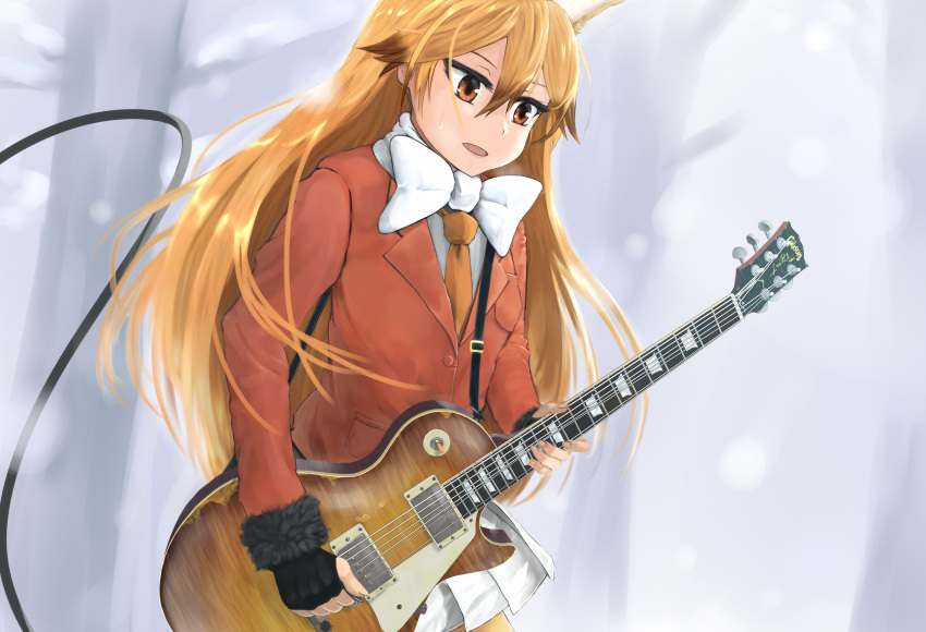 1girl absurdres black_gloves blazer blonde_hair bow bowtie brown_eyes brown_hair ezo_red_fox_(kemono_friends) fang fingerless_gloves fur_trim gloves guitar hair_between_eyes highres holding_instrument instrument jacket kemono_friends les_paul long_hair long_sleeves miyako_(miyako_lplover) multicolored_hair music necktie orange_necktie parted_lips playing_instrument pleated_skirt plectrum skirt snow solo sweatdrop two-tone_hair white_bow white_bowtie white_skirt wire