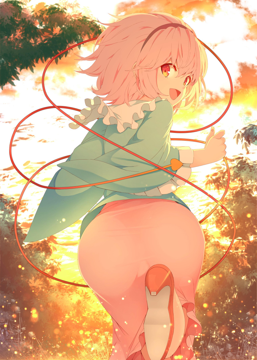 1girl absurdres ass blue_shirt hairband heart high_heels highres komeiji_satori looking_at_viewer looking_back mikoma_sanagi open_mouth outdoors pink_hair pink_skirt red_eyes red_shoes shirt shoes short_hair skirt smile solo sunset touhou