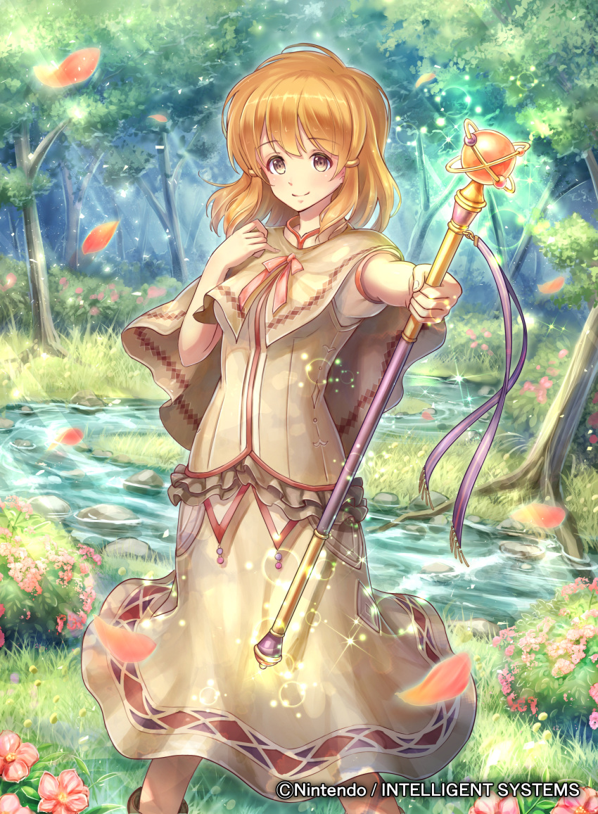 1girl bangs bow bowtie brown_eyes brown_hair capelet company_connection copyright_name dress eyebrows_visible_through_hair fire_emblem fire_emblem:_seisen_no_keifu fire_emblem_cipher flower forest hand_on_own_chest highres holding holding_staff lake lana_(fire_emblem) looking_at_viewer naka_(2133455) nature official_art outdoors petals short_hair short_sleeves smile solo sparkle staff