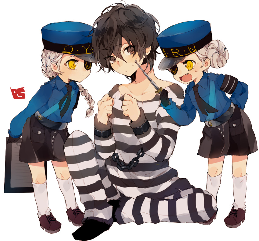 1boy 2girls anger_vein belt black_hair blonde_hair braid caroline_(persona_5) chains clipboard collarbone double_bun eyelashes eyepatch gloves hat justine_(persona_5) kneehighs kurusu_akira long_hair multiple_girls necktie open_mouth persona persona_5 police police_uniform prison_clothes short_hair shorts sitting standing suke_(mo8460) sweatdrop uniform weapon white_background yellow_eyes