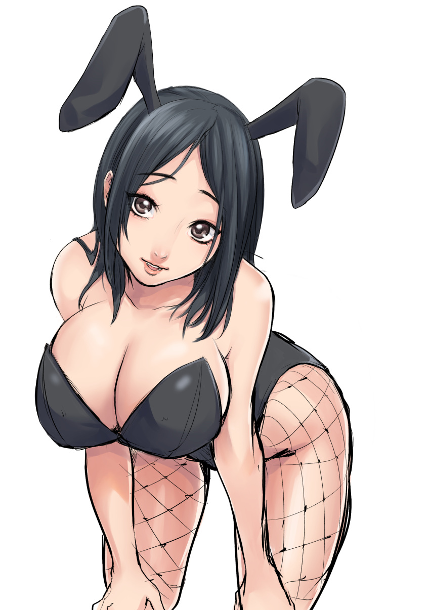 absurdres animal_ears bare_shoulders black_hair breasts brown_eyes bunny_girl bunnysuit cleavage hands_on_own_knees highres large_breasts leaning_forward miura_hajime original parted_lips rabbit_ears simple_background smile thighs white_background