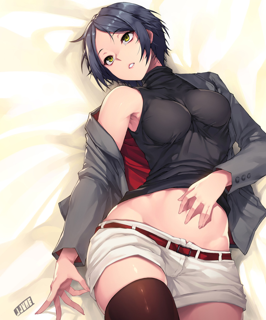 1girl :o arm_at_side armpits artist_name bangs bare_shoulders belt belt_buckle black_hair black_shirt breasts brown_legwear buckle buttons cowboy_shot expressionless eyebrows_visible_through_hair eyelashes fingernails from_above grey_jacket groin hand_on_own_stomach hayami_kanade head_tilt highres idolmaster idolmaster_cinderella_girls impossible_clothes impossible_shirt jacket jjune large_breasts long_fingernails long_sleeves looking_to_the_side looking_up lying medium_breasts navel on_back open_clothes open_jacket open_mouth parted_bangs parted_lips pink_lips red_belt ribbed_shirt shiny shiny_hair shiny_skin shirt short_hair short_shorts shorts skindentation sleeveless sleeveless_shirt sleeveless_turtleneck solo stomach taut_clothes taut_shirt teeth thigh-highs turtleneck white_shorts yellow_eyes