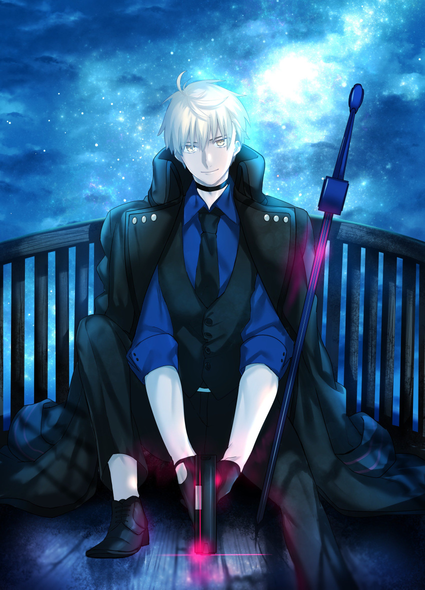 1boy absurdres artoria_pendragon_(all) balcony blonde_hair blue_shirt fate/grand_order fate/prototype fate/stay_night fate_(series) highres looking_at_viewer male_focus necktie night night_sky saber_(fate/prototype) saber_alter seseragi_azuma shirt sitting sky smile solo waistcoat yellow_eyes
