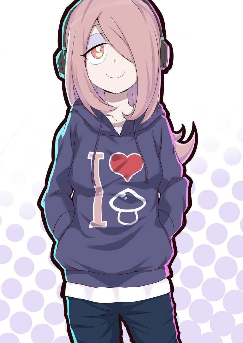 1girl absurdres alternate_costume caibao casual collarbone cowboy_shot graphic_shirt hair_over_one_eye half-closed_eyes hands_in_pockets headphones highres hood hoodie jitome little_witch_academia long_hair orange_eyes pale_skin pink_hair simple_background smile solo sucy_manbavaran