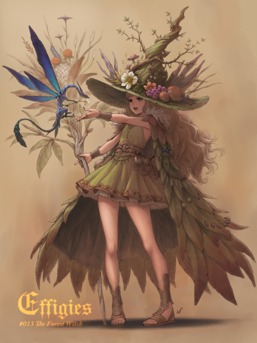 1girl absurdres belt brown_background brown_eyes brown_hair creature dress english flower full_body green_dress hat highres holding holding_flower holding_staff jewelry leaf looking_at_another mushroom nishi number original outstretched_arm pigeon-toed pouch ring sandals shadow sleeveless sleeveless_dress staff tree_branch wavy_hair witch witch_hat wrist_cuffs