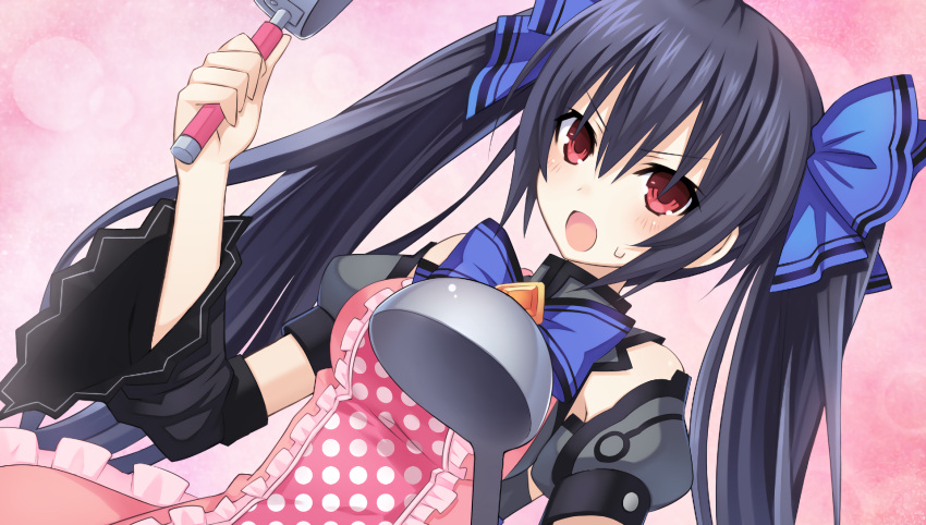 1girl angry apron bare_shoulders black_hair blush breasts chou_megami_shinkou_noire_gekishin_black_heart cleavage cooking game_cg hair_ornament highres long_hair looking_at_viewer medium_breasts neptune_(series) noire official_art open_mouth red_eyes ribbon solo tsunako twintails upper_body very_long_hair