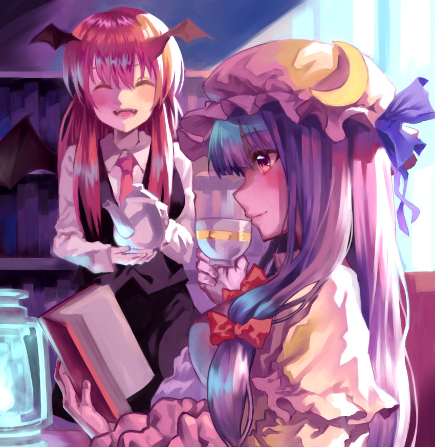 2girls absurdres bat_wings blush book breasts closed_eyes collared_shirt crescent crescent_moon_pin cup denchu_(kazudentyu) fangs hair_ribbon hat head_wings highres koakuma long_hair medium_breasts mob_cap multiple_girls necktie open_mouth pajamas patchouli_knowledge profile purple_hair reading red_eyes redhead ribbon shirt sitting skirt smile standing teacup teapot touhou tress_ribbon vest wings