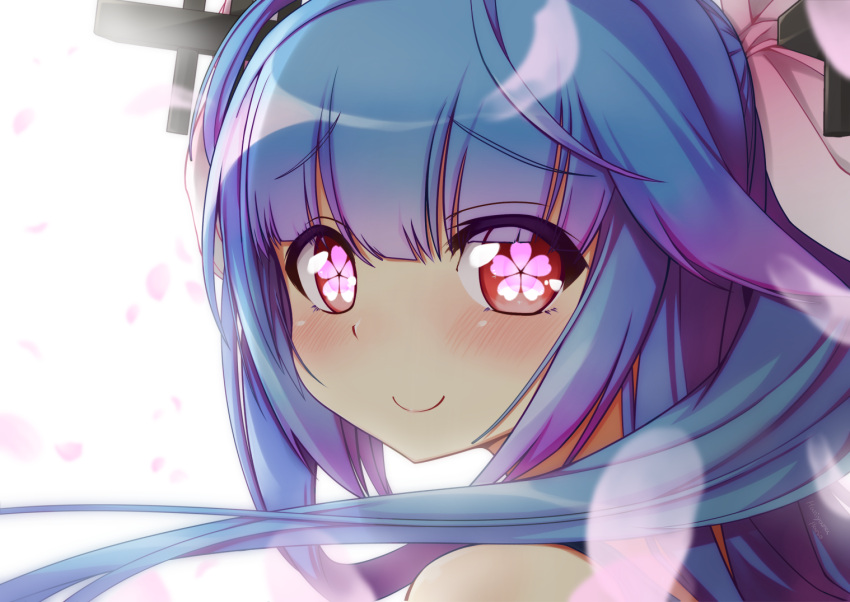 1girl bare_shoulders blue_hair blush close-up eyebrows_visible_through_hair gradient_hair haniyama_hanio i-19_(kantai_collection) kantai_collection long_hair multicolored_hair petals purple_hair red_eyes simple_background smile solo tri_tails white_background