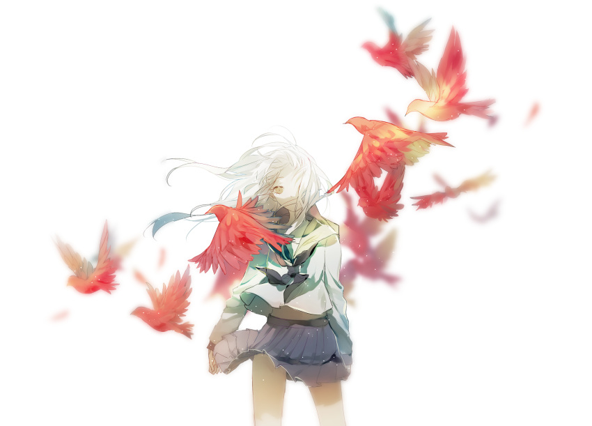 1girl arm_at_side bird blue_skirt blurry brown_eyes covered_mouth cui_(jidanhaidaitang) depth_of_field expressionless feathers forehead hair_over_one_eye head_tilt highres light_particles long_hair long_sleeves looking_at_viewer original pleated_skirt red_feathers sailor_collar school_uniform serafuku shirt shirt_lift silver_hair simple_background sketch skirt skirt_lift standing white_background white_shirt wind