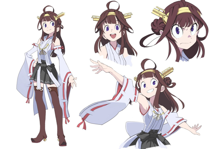 ahoge bare_shoulders blue_eyes boots brown_hair character_sheet detached_sleeves double_bun hair_ornament hairband headgear japanese_clothes kantai_collection kongou_(kantai_collection) little_witch_academia little_witch_academia_(parody) nontraditional_miko open_mouth parody ribbon-trimmed_sleeves ribbon_trim skirt style_parody thigh-highs thigh_boots yuzuruka_(bougainvillea) zettai_ryouiki