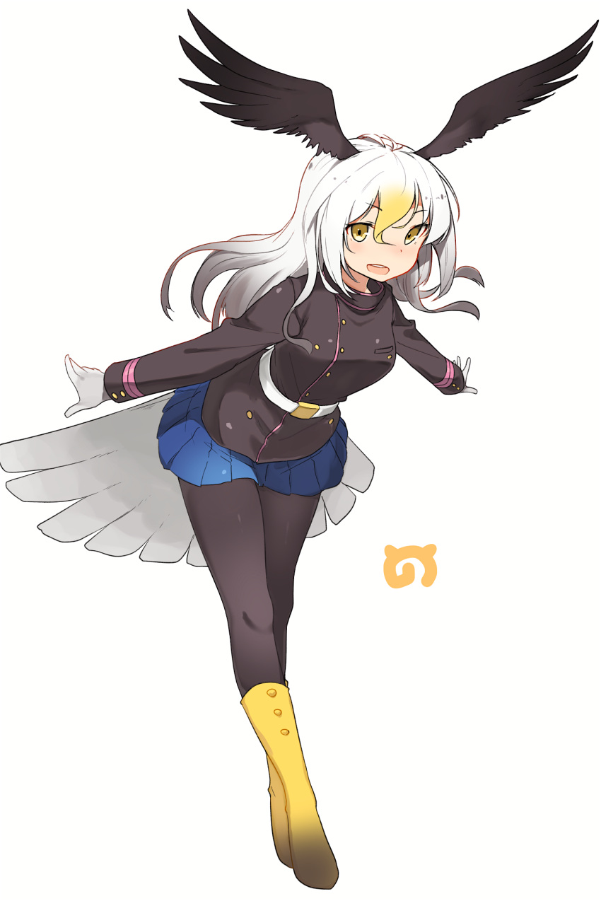 1girl :d bald_eagle_(kemono_friends) belt bent_over bird_tail bird_wings black_jacket black_legwear blonde_hair blue_skirt boots breast_pocket brown_boots brown_footwear buttons eyebrows_visible_through_hair eyelashes feathered_wings floating_hair full_body gloves gradient_boots gradient_footwear gradient_hair grey_hair hair_between_eyes head_wings highres jacket japari_symbol kei_(soundcross) long_hair long_sleeves looking_at_viewer military military_jacket military_uniform multicolored_boots multicolored_hair open_mouth outstretched_arms pantyhose pleated_skirt pocket simple_background skirt smile solo standing tail teeth tsurime two-tone_boots two-tone_footwear uniform upper_teeth white_background white_belt white_gloves white_hair wings yellow_boots yellow_buttons yellow_eyes yellow_footwear