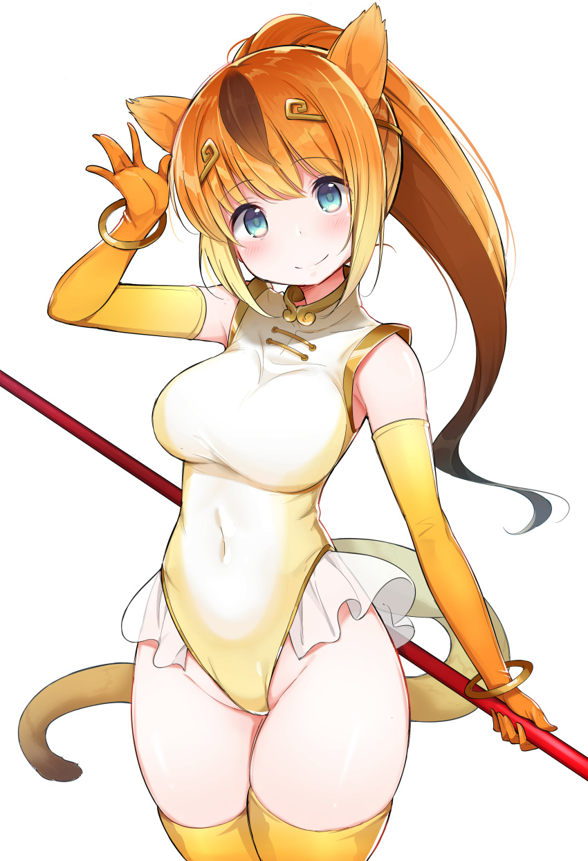 1girl absurdres animal_ears bangle bare_shoulders blonde_hair blue_eyes blush bracelet breasts circlet covered_navel elbow_gloves gloves golden_snub-nosed_monkey_(kemono_friends) high_ponytail highres holding holding_staff ichi-jirushi jewelry kemono_friends leotard long_hair looking_at_viewer medium_breasts monkey_ears monkey_tail multicolored_hair orange_hair ponytail simple_background smile solo staff tail thigh-highs white_background yellow_legwear