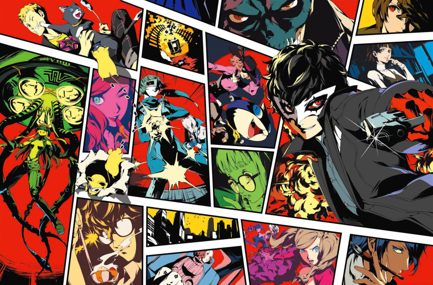 4boys 4girls akechi_gorou atlus black_hair blonde_hair blue_eyes brown_eyes brown_hair carmen_(persona_5) cat curry food glasses gun handgun headphones highres jacket jpeg_artifacts kitagawa_yuusuke kurusu_akira lipstick long_hair makeup mask morgana_(persona_5) mouse multiple_boys multiple_girls necronomicon_(persona_5) niijima_makoto official_art okumura_haru paintbrush persona persona_5 pistol red_eyes revolver rifle sakamoto_ryuuji sakura_futaba short_hair smile soejima_shigenori takamaki_ann tentacle trench_coat twintails ufo weapon