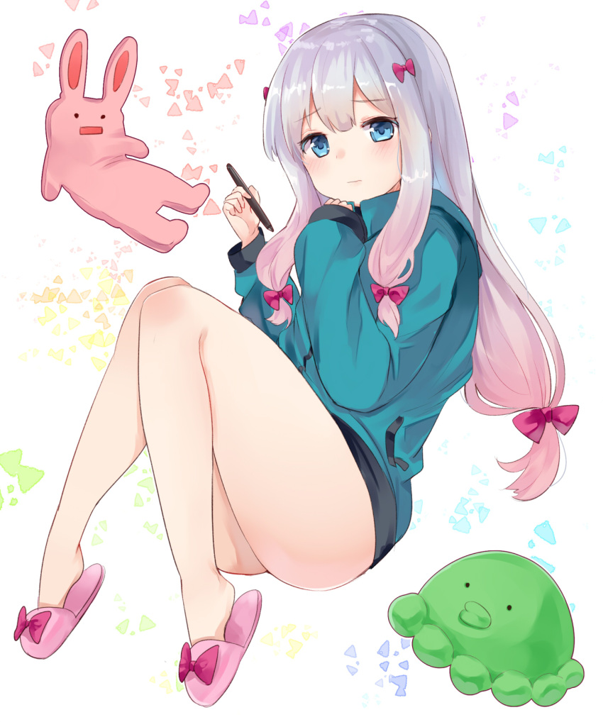 1girl bangs blue_eyes blush bow chiune_(yachi) closed_mouth eromanga_sensei eyebrows_visible_through_hair full_body gradient_hair grey_hair hair_bow highres holding izumi_sagiri knees_together_feet_apart long_hair long_sleeves looking_at_viewer low-tied_long_hair multicolored_hair naked_sweater pink_bow sandals silver_hair sleeves_past_wrists slippers solo stuffed_animal stuffed_bunny stuffed_toy stylus sweater thighs wavy_mouth