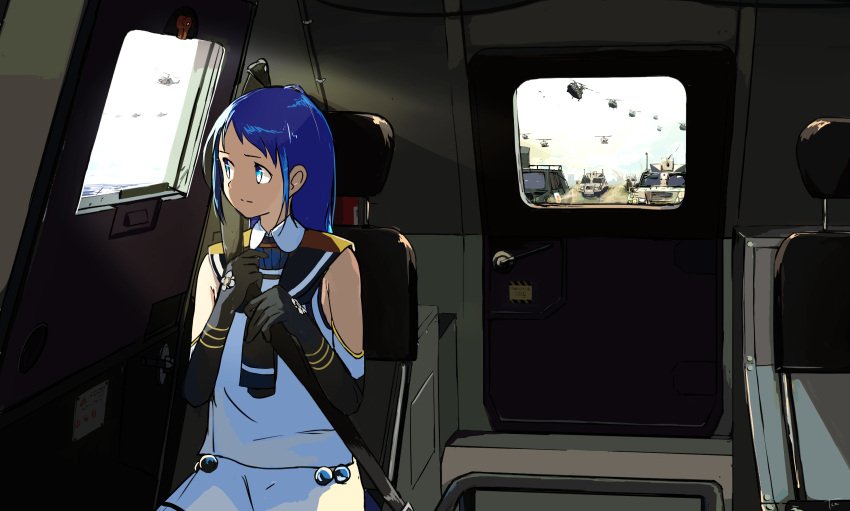 1girl aircraft black_gloves blue_eyes blue_hair car_interior closed_mouth elbow_gloves gloves helicopter highres kantai_collection long_hair looking_to_the_side military military_vehicle morakkyo_(mephilas_g3) sailor_collar samidare_(kantai_collection) seatbelt sitting sleeveless solo