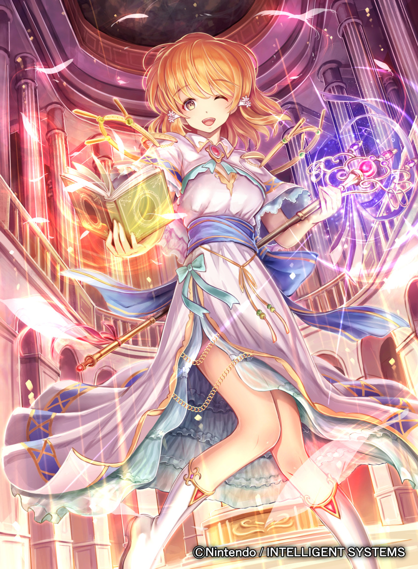 1girl bangs book boots brown_eyes brown_hair company_connection copyright_name dress eyebrows_visible_through_hair feathers fire_emblem fire_emblem:_seisen_no_keifu fire_emblem_cipher glowing hair_ornament hairclip highres holding holding_staff indoors knee_boots lana_(fire_emblem) looking_at_viewer magic naka_(2133455) official_art one_eye_closed short_hair short_sleeves smile solo staff