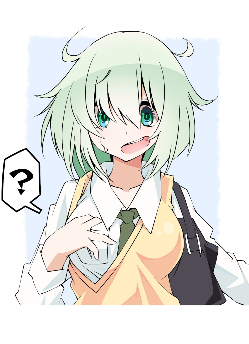 1girl ? ahoge alternate_costume bag blush breast_pocket breasts collarbone collared_shirt d: eyes_visible_through_hair green_eyes hair_between_eyes hair_over_eyes hand_in_pocket highres komeiji_koishi long_sleeves looking_at_viewer medium_breasts messy_hair multiple_girls necktie no_hat no_headwear off_shoulder open_mouth pocket sakakiba_misogi shirt short_hair shoulder_bag solo spoken_question_mark sweat touhou