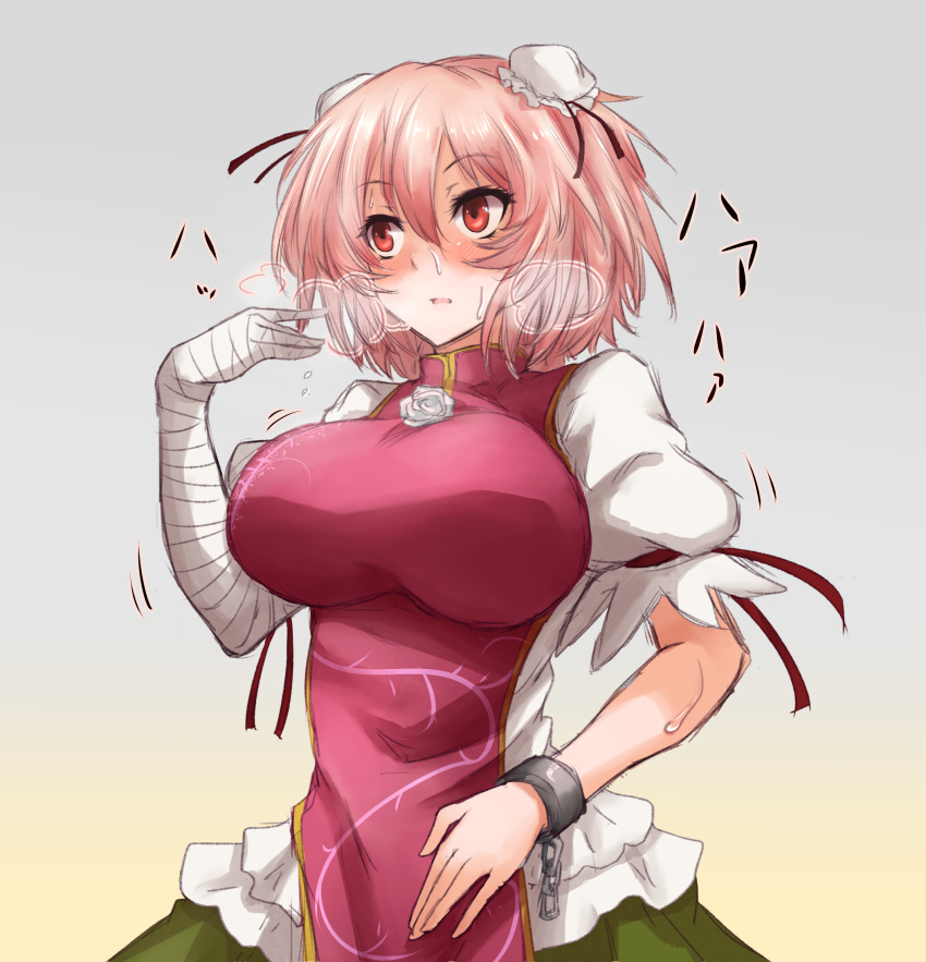 1girl amagi_(amagi626) amputee bandage bandaged_arm blush breasts bun_cover chains chinese_clothes cuffs double_bun flower hair_bun hair_rings highres ibaraki_kasen large_breasts open_mouth pink_hair pink_rose puffy_sleeves red_eyes rose shackles short_hair short_sleeves skirt solo tabard touhou