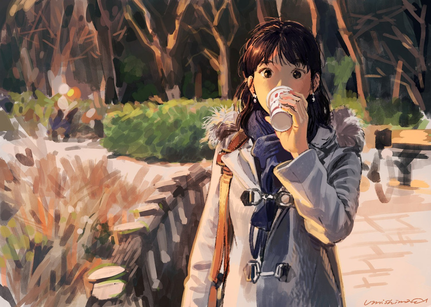 1girl arm_at_side arm_up bag black_eyes black_hair blue_scarf bush coat commentary_request cup earrings handbag holding holding_cup jewelry kaisen long_hair long_sleeves looking_at_viewer scarf standing tree wide-eyed winter_clothes