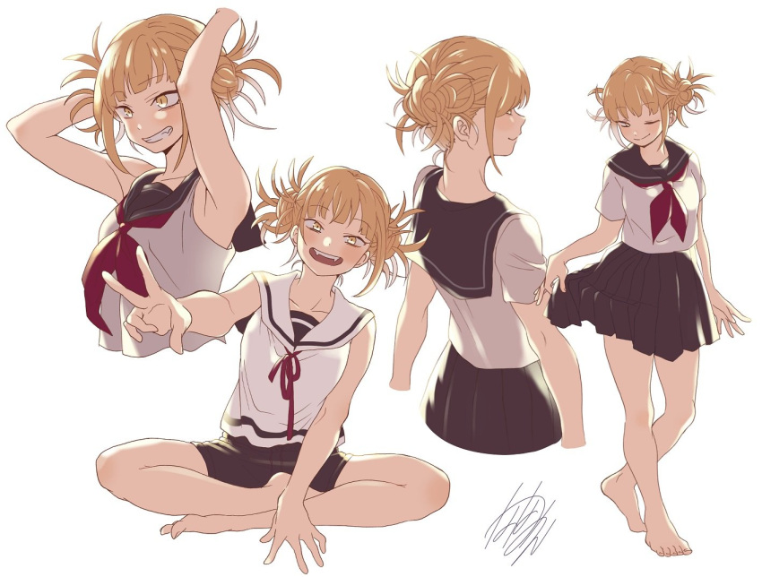 1girl ;) armpits arms_up back bangs barefoot blonde_hair blunt_bangs blush boku_no_hero_academia collarbone double_bun eyebrows_visible_through_hair fangs feet full_body indian_style looking_at_viewer one_eye_closed pleated_skirt school_uniform serafuku sharp_teeth shorts signature simple_background sitting skirt skirt_lift sleeveless smile solo standing teeth toes toga_himiko upper_body v white_background yandere_trance yellow_eyes