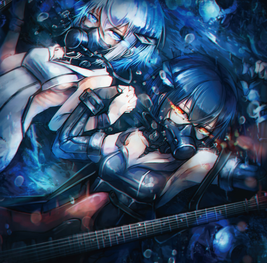 2girls abyssal_twin_hime_(black) abyssal_twin_hime_(white) black_dress black_hair blue_eyes dress elbow_gloves electric_guitar gloves guitar hair_between_eyes hand_holding highres instrument kajaneko kantai_collection looking_at_viewer multiple_girls orange_eyes oxygen_mask shinkaisei-kan short_hair sleeveless sleeveless_dress underwater white_dress white_hair