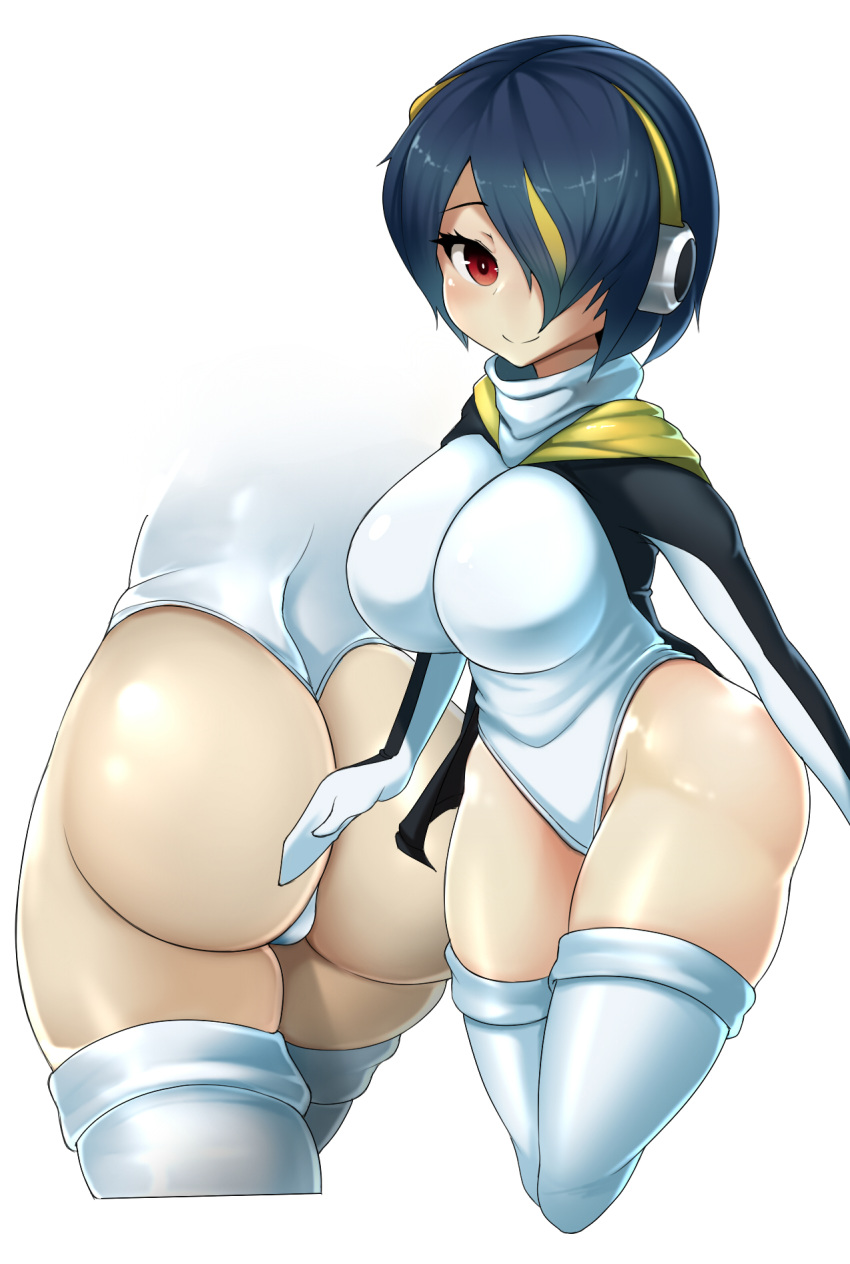 1girl ass black_hair breasts emperor_penguin_(kemono_friends) headphones highres hood hoodie kemono_friends large_breasts red_eyes short_hair simple_background sinensian smile solo thick_thighs thigh-highs thighs white_background white_legwear