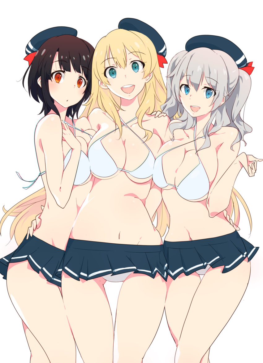 3girls atago_(kantai_collection) beret bikini bikini_skirt black_hair blonde_hair blue_eyes blue_skirt breasts cowboy_shot green_eyes hat highres kantai_collection kashima_(kantai_collection) large_breasts long_hair looking_at_viewer matching_outfit meriken0111 multiple_girls red_eyes short_hair sidelocks silver_hair simple_background skirt swimsuit takao_(kantai_collection) twintails wavy_hair white_background white_bikini_top