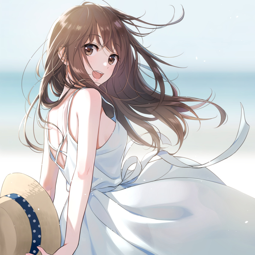 1girl :d bangs bare_arms blurry blurry_background blush breasts brown_eyes brown_hair commentary cowboy_shot dress eyebrows_visible_through_hair from_side hat hat_removed headwear_removed holding holding_hat light_particles lips long_hair looking_at_viewer looking_back medium_breasts morikura_en no_headwear open_back open_mouth original outdoors sleeveless sleeveless_dress smile solo sun_hat sundress teeth white_dress wind wind_lift