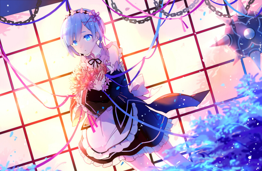 1girl :o apron black_dress black_ribbon blue_eyes blue_hair bouquet chains cowboy_shot detached_sleeves dress flail flower frilled_sleeves frills hair_ornament hair_over_one_eye hair_ribbon long_sleeves maid maid_headdress neck_ribbon pink_ribbon purple_ribbon re:zero_kara_hajimeru_isekai_seikatsu red_ribbon rem_(re:zero) ribbon ribbon-trimmed_clothes ribbon_trim short_hair solo underbust waist_apron weapon white_legwear wide_sleeves x_hair_ornament yetworldview_kaze