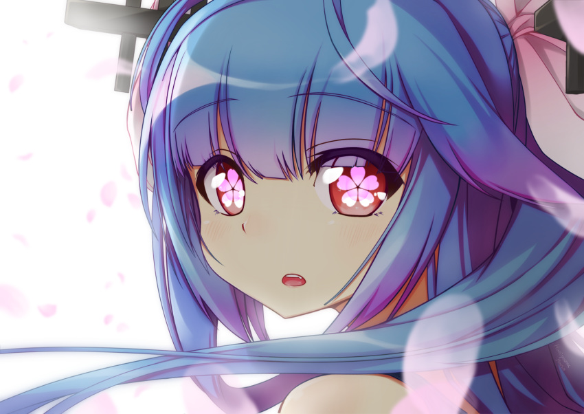 1girl bare_shoulders blue_hair close-up eyebrows_visible_through_hair gradient_hair haniyama_hanio i-19_(kantai_collection) kantai_collection long_hair multicolored_hair open_mouth petals purple_hair red_eyes simple_background solo tri_tails white_background
