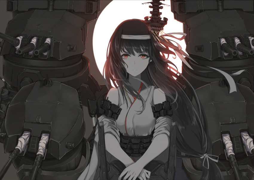 1girl black_hair detached_sleeves fusou_(kantai_collection) hair_ornament headband japanese_clothes kantai_collection long_hair nontraditional_miko red_eyes remodel_(kantai_collection) rigging solo turret upper_body yuzuruka_(bougainvillea)
