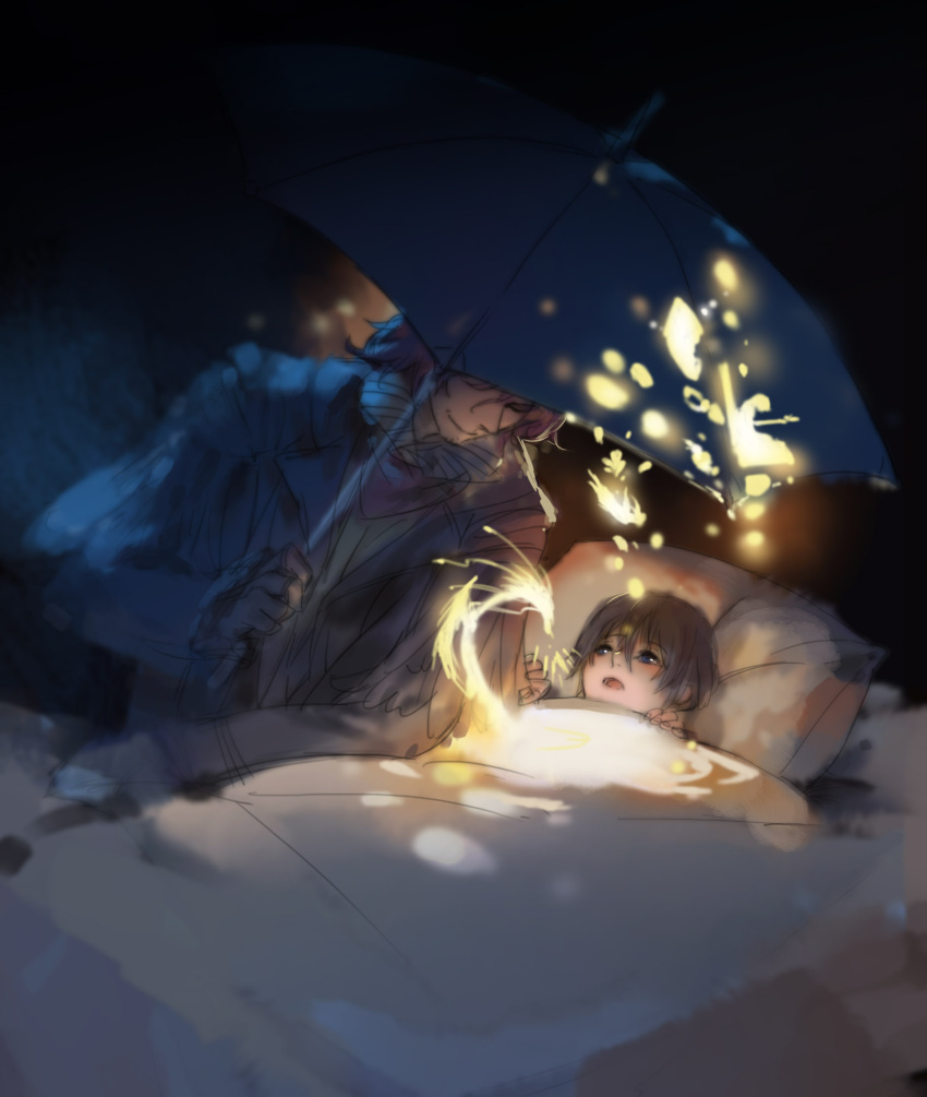 111111111_(leiyao) 2boys ardyn_izunia bed black_hair blue_eyes child dragon final_fantasy final_fantasy_xv highres male_focus multiple_boys noctis_lucis_caelum pillow redhead umbrella younger