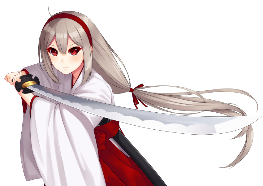 1girl absurdres allenes grey_hair highres holding holding_sword holding_weapon japanese_clothes katana long_hair looking_at_viewer miko original red_eyes simple_background solo sword weapon white_background