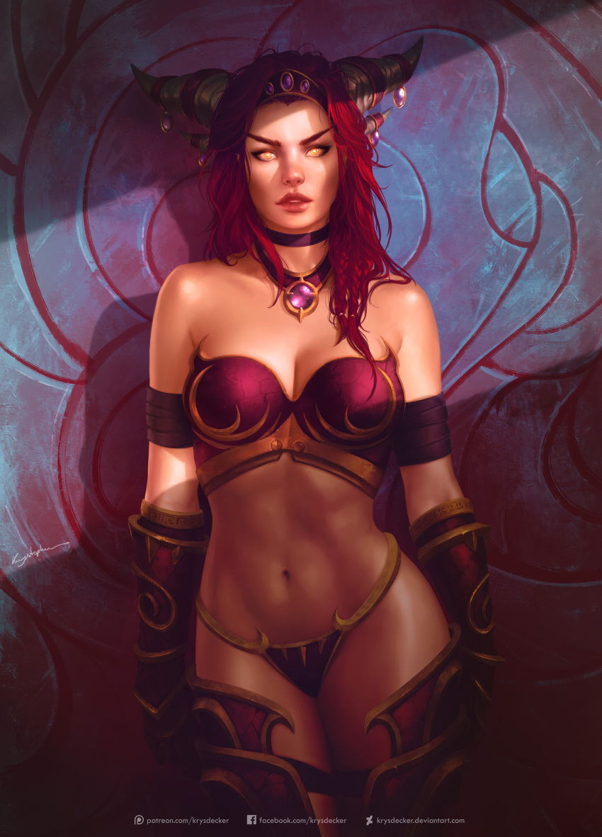 1girl absurdres alexstrasza armor bra breasts choker cleavage gloves highres horns jewelry krystopher_decker legs legs_together lips long_hair looking_at_viewer medium_breasts navel necklace parted_lips redhead solo standing thong underwear warcraft world_of_warcraft yellow_eyes