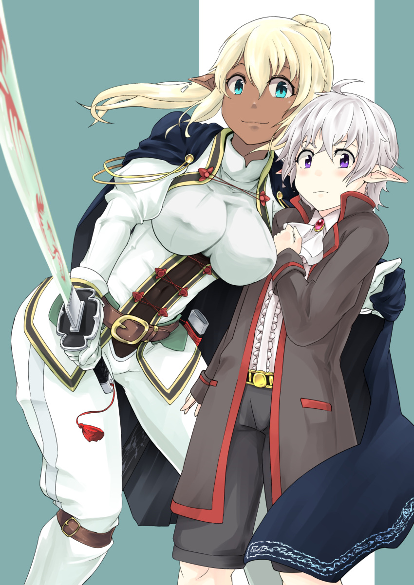 1boy 1girl blonde_hair blood blue_eyes boots breasts cape corset dark_skin erect_nipples hayashi_ekyuu highres hug katana large_breasts looking_at_another looking_to_the_side pale_skin ponytail smile sword violet_eyes weapon