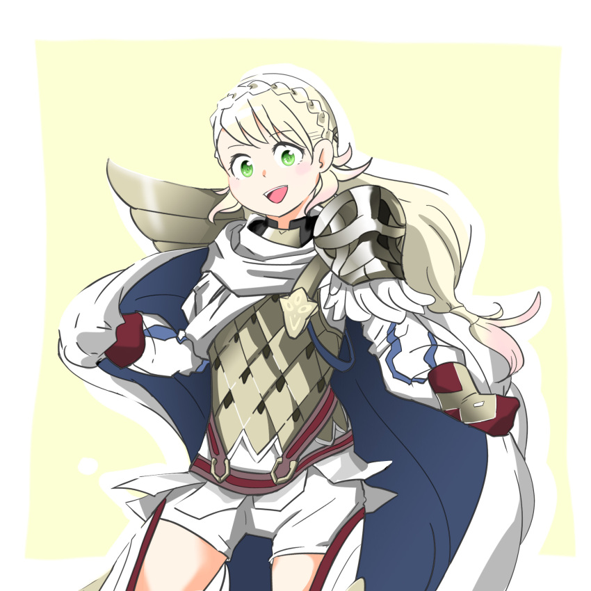 1girl armor blonde_hair braid cape cute fire_emblem fire_emblem_heroes gloves green_eyes intelligent_systems kan_kohi_daisuki-san long_hair looking_at_viewer nintendo open_mouth sharena sharena_(fire_emblem) smile solo super_smash_bros. upper_teeth white_shorts